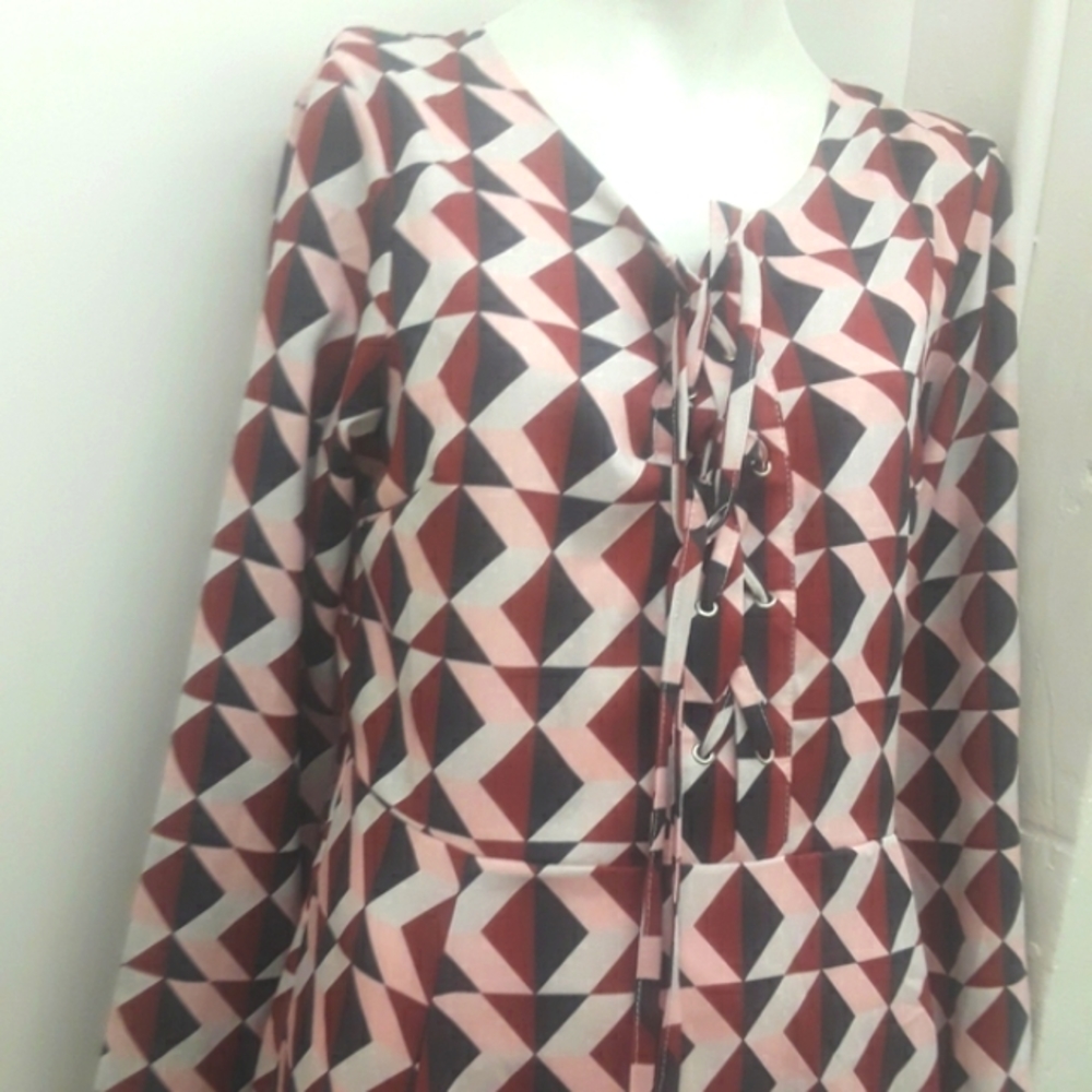 HDY Haoduoyi Women PiNK RED Geometric print Midi Dress XXL